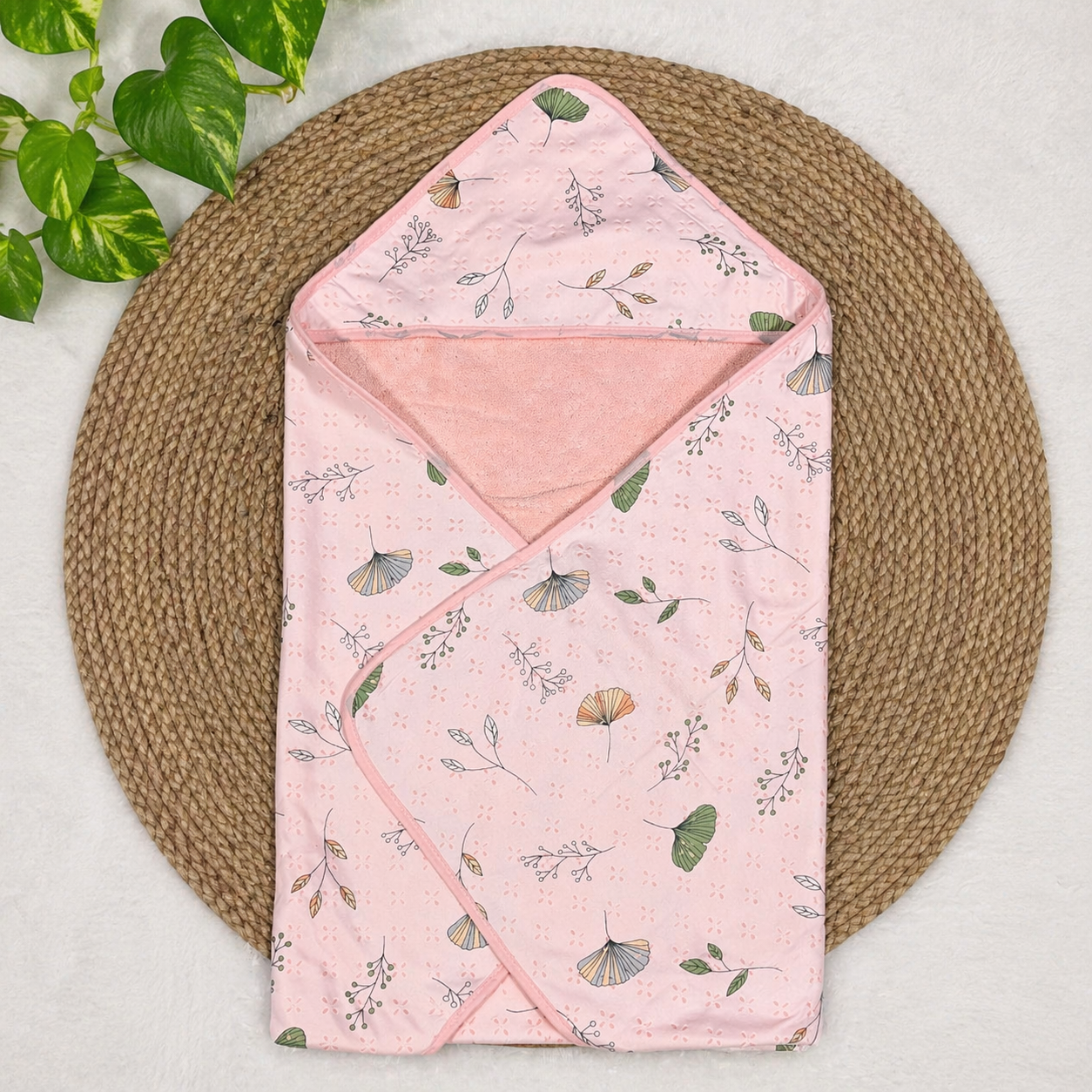 2-in-1 Baby Hooded Towel Soft Terry Cotton Cute Print Bath Wrap code:NBE  PINK FLORAL-Knitted Cotton